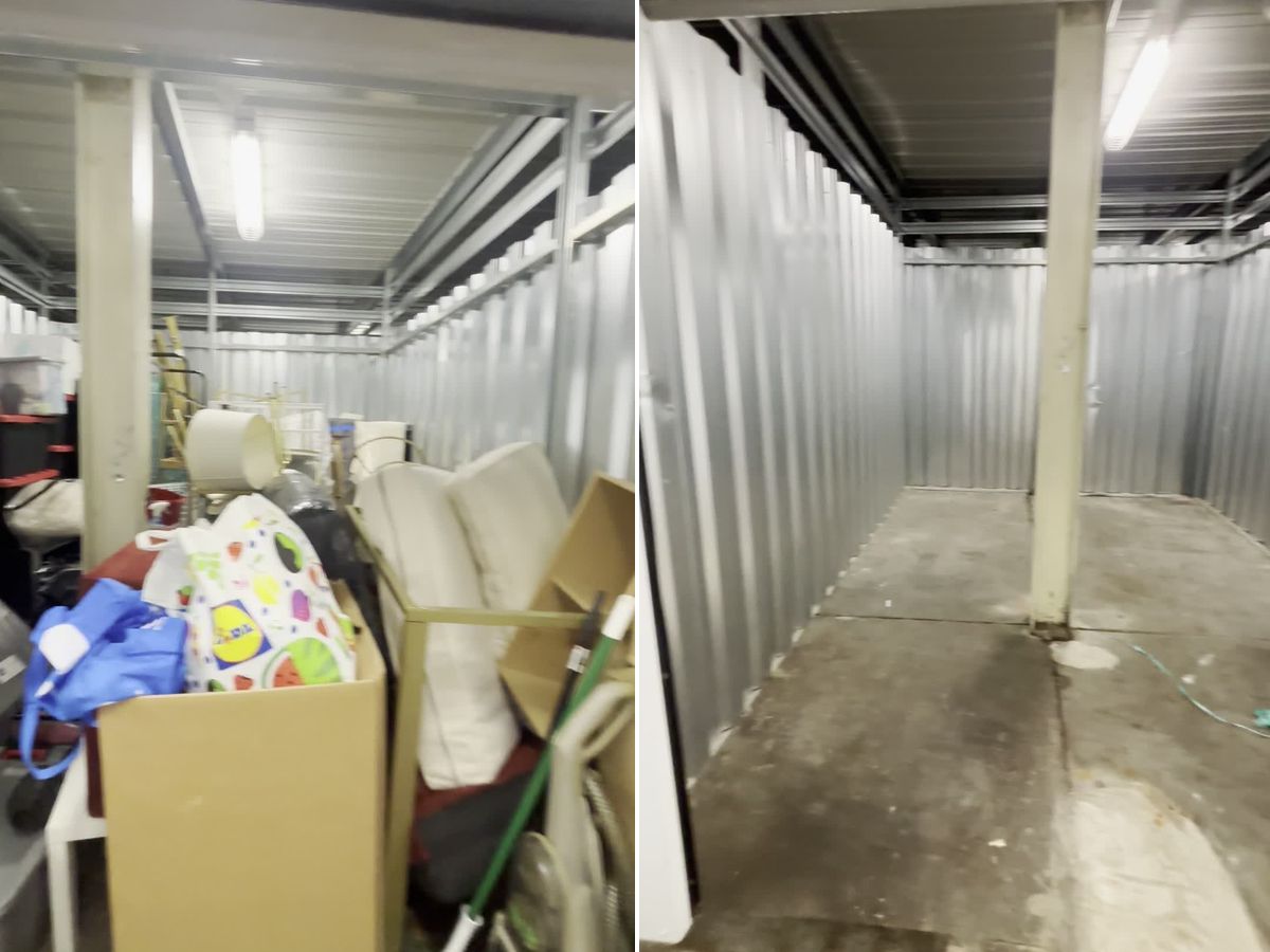 A storage unit full of clutter, then the same unit cleared out